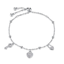 Good Quality 925 Sterling Silver Zircon Heart Key Charm Bracelet